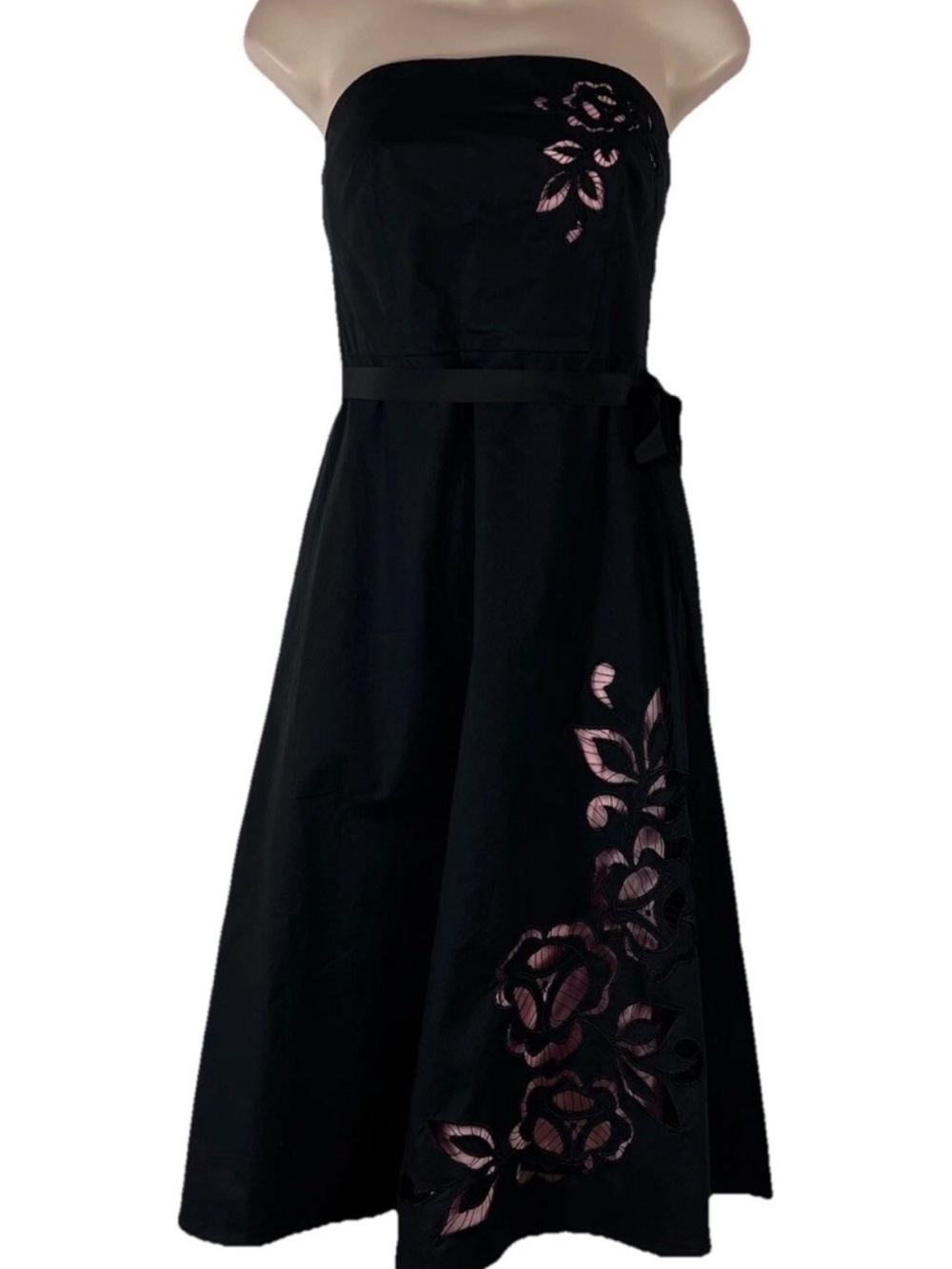 Express, Strapless Black Dress with Pink Floral Appliqué